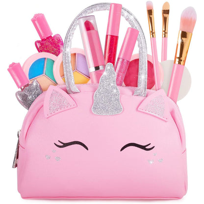 Girls Real Makeup Kit with Pink Unicorn Purse Washable Pretend Play Vanity Set for Ages 3 to 10