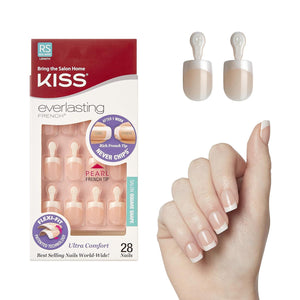 KISS Kiss Everlasting French Nail Manicure, Chip-Free, Flexi-Fit Technology, Real Short, String Of Pearls , Nail Kit With Pink Nail Glue (Net Wt. 2g / 0.07oz), Mini File, Manicure Stick, And 28 Fake Nails