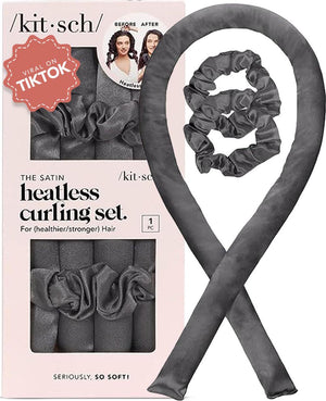 Kitsch Kitsch Satin Heatless Hair Curler Set - Heatless Curls Overnight, Hair Rollers For Soft Curls And Frizz-Free Styling, No Heat Curlers To Sleep In, Curling Rod Headband With 2 Scrunchies - Charcoal