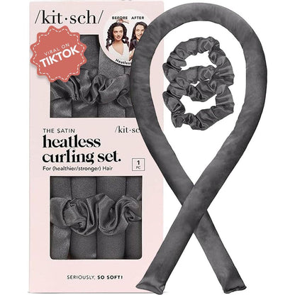 Kitsch Kitsch Satin Heatless Hair Curler Set - Heatless Curls Overnight, Hair Rollers For Soft Curls And Frizz-Free Styling, No Heat Curlers To Sleep In, Curling Rod Headband With 2 Scrunchies - Charcoal