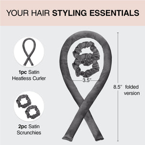 Kitsch Kitsch Satin Heatless Hair Curler Set - Heatless Curls Overnight, Hair Rollers For Soft Curls And Frizz-Free Styling, No Heat Curlers To Sleep In, Curling Rod Headband With 2 Scrunchies - Charcoal