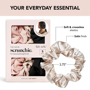 Kitsch Kitsch Satin Scrunchies For Women - No Crease Hair Ties For Girls | Scrunchies For All Hair Types And Textures, Perfect For Day Or Night - 5 Pcs, Assorted