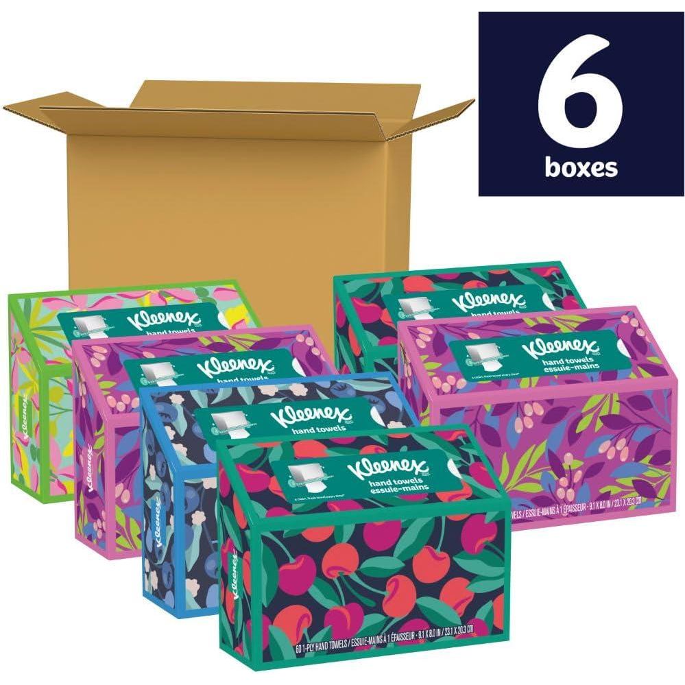 Kleenex Disposable Paper Hand Towels, 6 Boxes, 60 Tissues per Box, 360 Total Tissues, Packaging May Vary