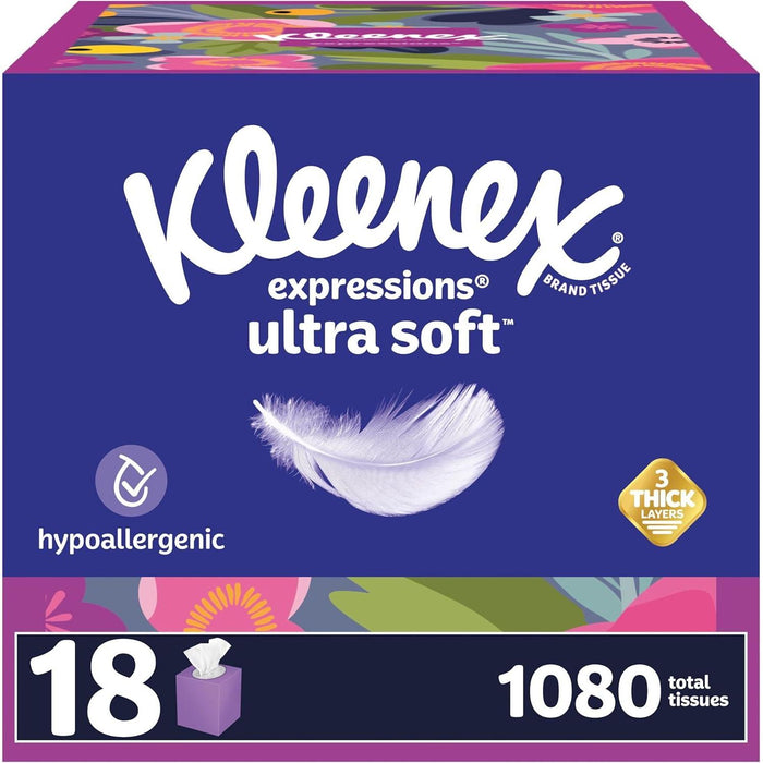Kleenex Expressions Ultra Soft Facial Tissues, 18 Cube Boxes, 60 Tissues per Box, 3-Ply, 1,080 Total Tissues, Packaging May Vary