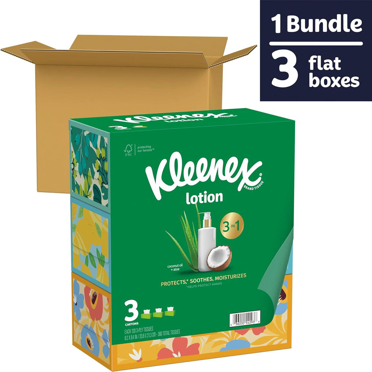 Kleenex Lotion Facial Tissues with Coconut Oil, 3 Flat Boxes, 120 Tissues per Box, 3-Ply, Soft & Gentle on Skin