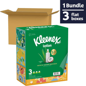 Kleenex Lotion Facial Tissues with Coconut Oil, 3 Flat Boxes, 120 Tissues per Box, 3-Ply, Soft & Gentle on Skin