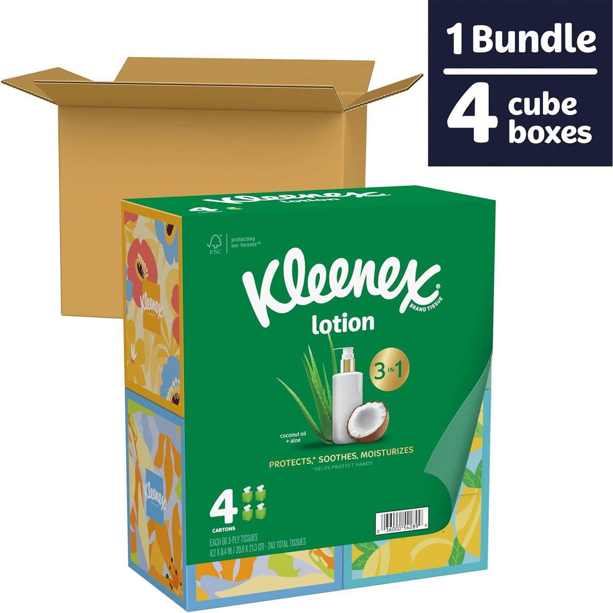Kleenex Lotion Facial Tissues with Coconut Oil, 4 Cube Boxes, 60 Tissues per Box, 3-Ply, Soft & Moisturizing for Your Skin