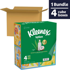 Kleenex Lotion Facial Tissues with Coconut Oil, 4 Cube Boxes, 60 Tissues per Box, 3-Ply, Soft & Moisturizing for Your Skin