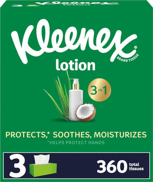Kleenex Lotion Facial Tissues with Coconut Oil, 3 Flat Boxes, 120 Tissues per Box, 3-Ply, Soft & Gentle on Skin