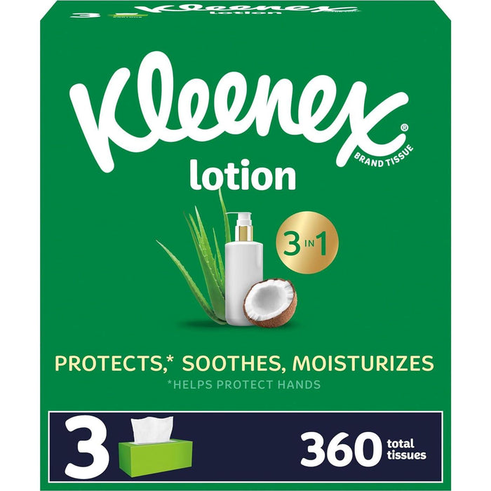 Kleenex Lotion Facial Tissues with Coconut Oil, 3 Flat Boxes, 120 Tissues per Box, 3-Ply, Soft & Gentle on Skin