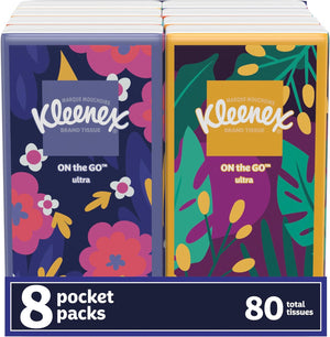 Kleenex On-the-Go Facial Tissues, 8 On-the-Go Packs, 10 Tissues per Box, 3-Ply, 80 Total Tissues (Packaging May Vary)