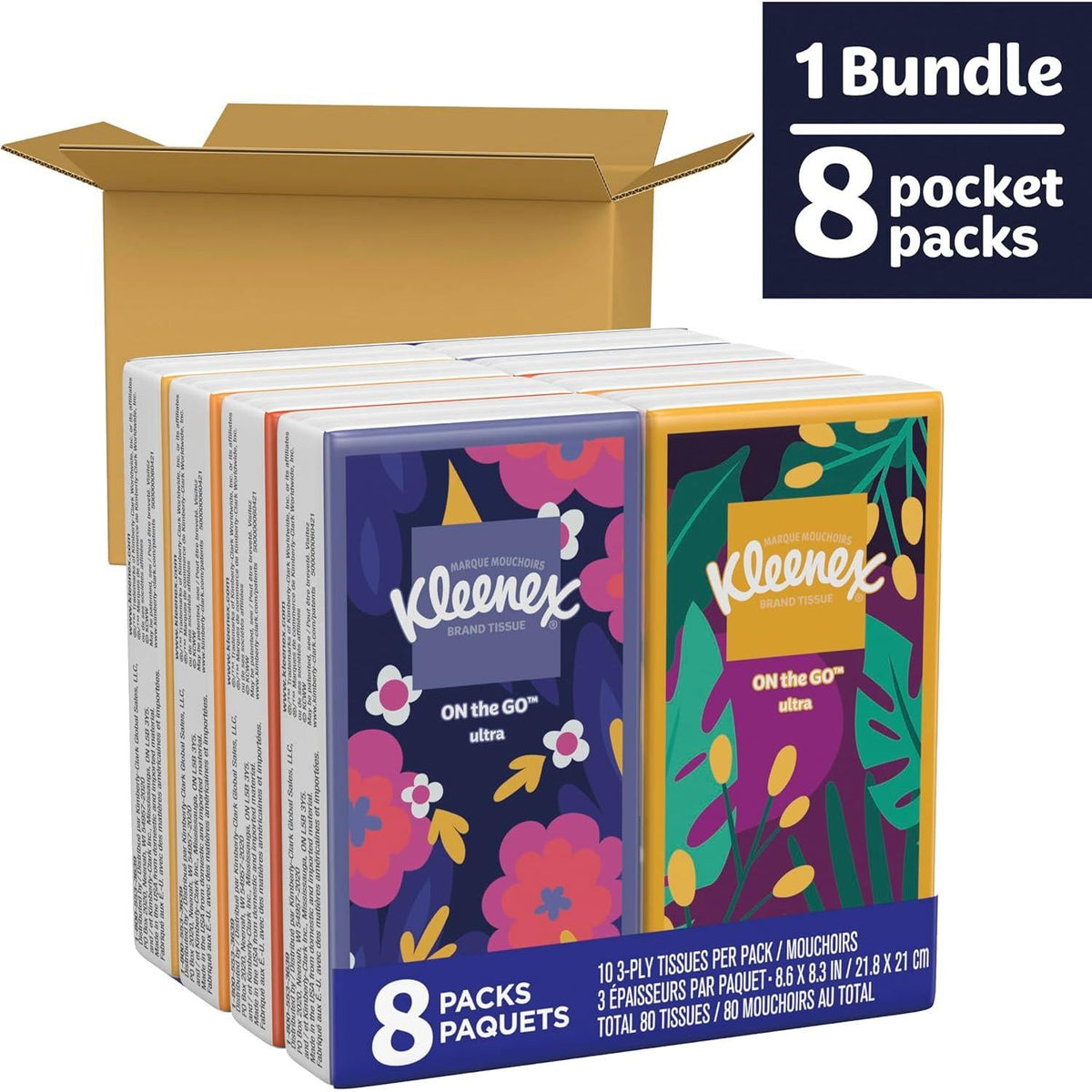 Kleenex On-the-Go Facial Tissues, 8 On-the-Go Packs, 10 Tissues per Box, 3-Ply, 80 Total Tissues (Packaging May Vary)