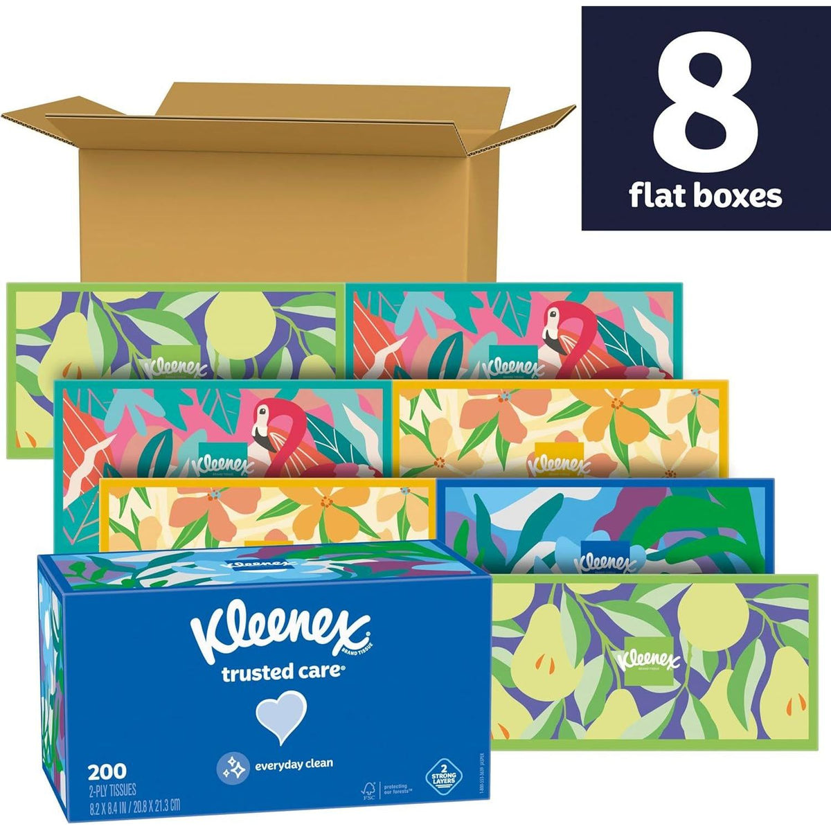 Kleenex Trusted Care Facial Tissues, 8 Flat Boxes, 200 Tissues per Box, 2-Ply (Packaging May Vary)