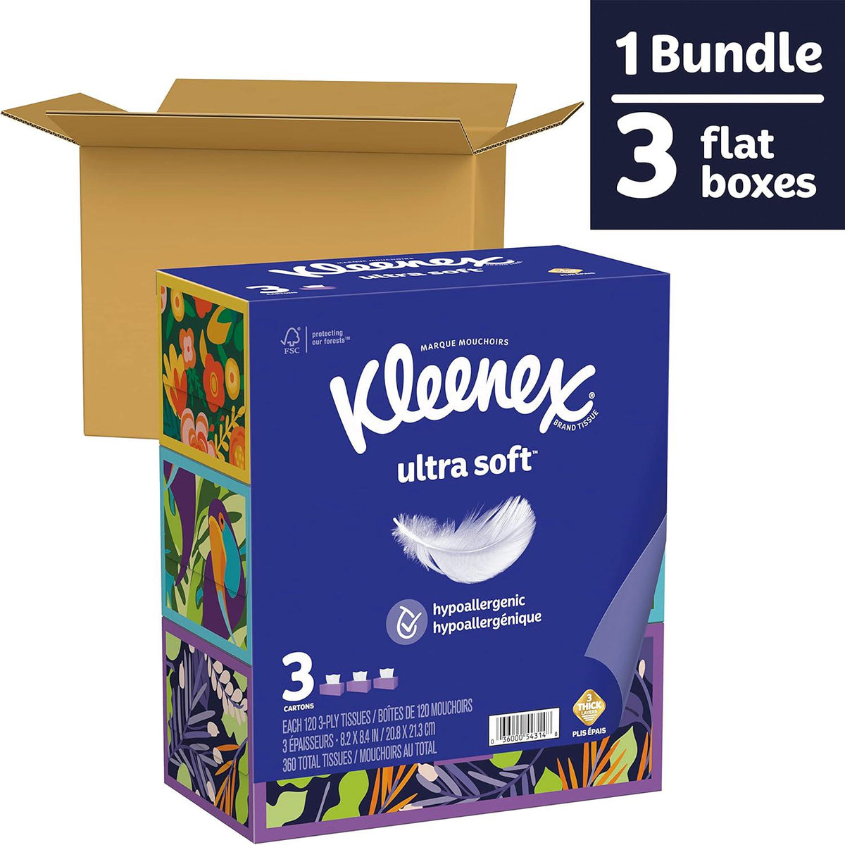 Kleenex Kleenex Ultra Soft Facial Tissues, 3 Flat Boxes, 120 Tissues Per Box, 3-Ply (360 Total Tissues), Packaging May Vary