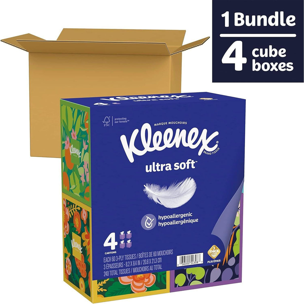 Kleenex Kleenex Ultra Soft Facial Tissues, 4 Cube Boxes, 60 Tissues Per Box, 3-Ply (240 Total Tissues), Packaging May Vary