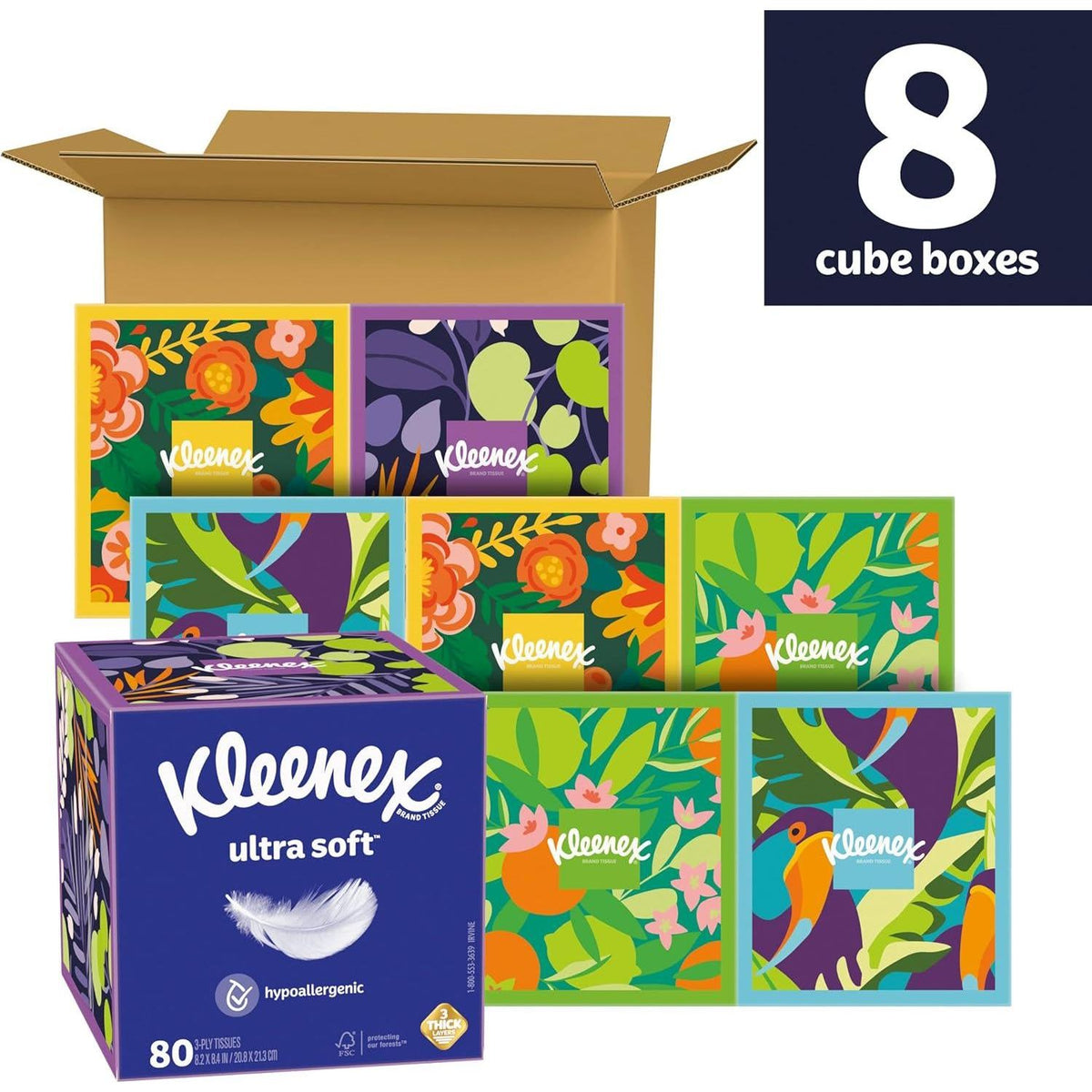 Kleenex Kleenex Ultra Soft Facial Tissues, 8 Cube Boxes, 80 Tissues Per Box, 3-Ply, Packaging May Vary
