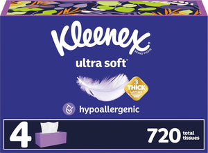 Kleenex Kleenex Ultra Soft Facial Tissues, 4 Flat Boxes, 180 Tissues Per Box, 3-Ply, Packaging May Vary