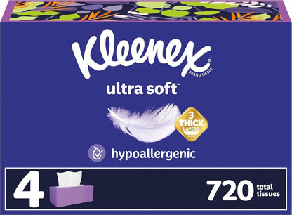 Kleenex Kleenex Ultra Soft Facial Tissues, 4 Flat Boxes, 180 Tissues Per Box, 3-Ply, Packaging May Vary