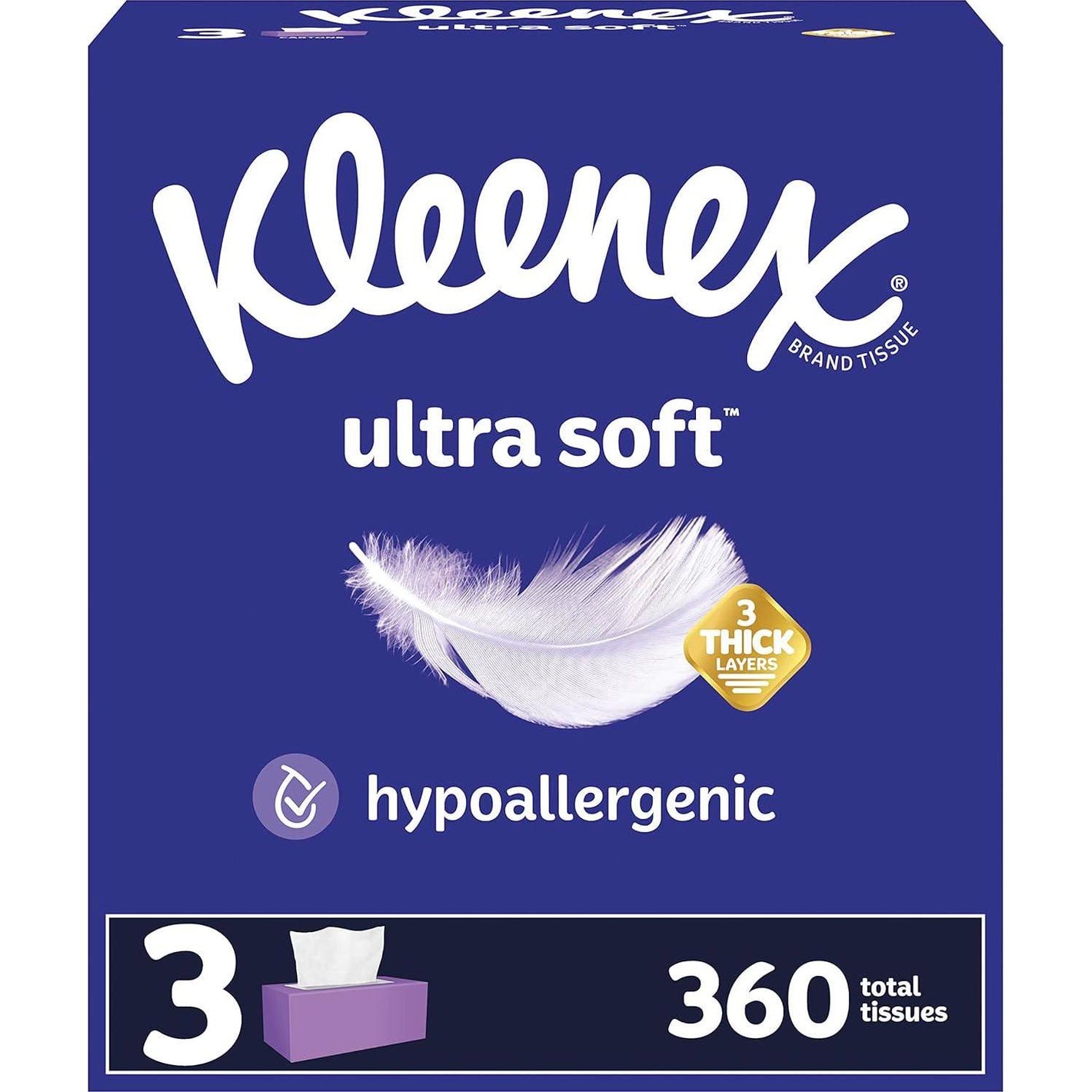 Kleenex Kleenex Ultra Soft Facial Tissues, 3 Flat Boxes, 120 Tissues Per Box, 3-Ply (360 Total Tissues), Packaging May Vary