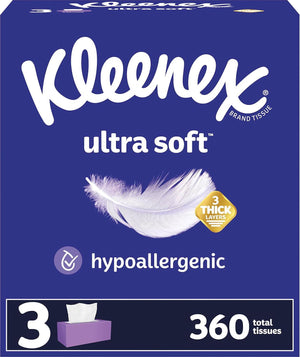 Kleenex Kleenex Ultra Soft Facial Tissues, 3 Flat Boxes, 120 Tissues Per Box, 3-Ply (360 Total Tissues), Packaging May Vary