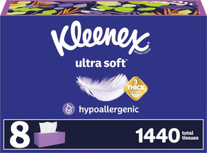 Kleenex Ultra Soft Facial Tissues, 8 Flat Boxes, 180 Tissues per Box, 3-Ply (Packaging May Vary)