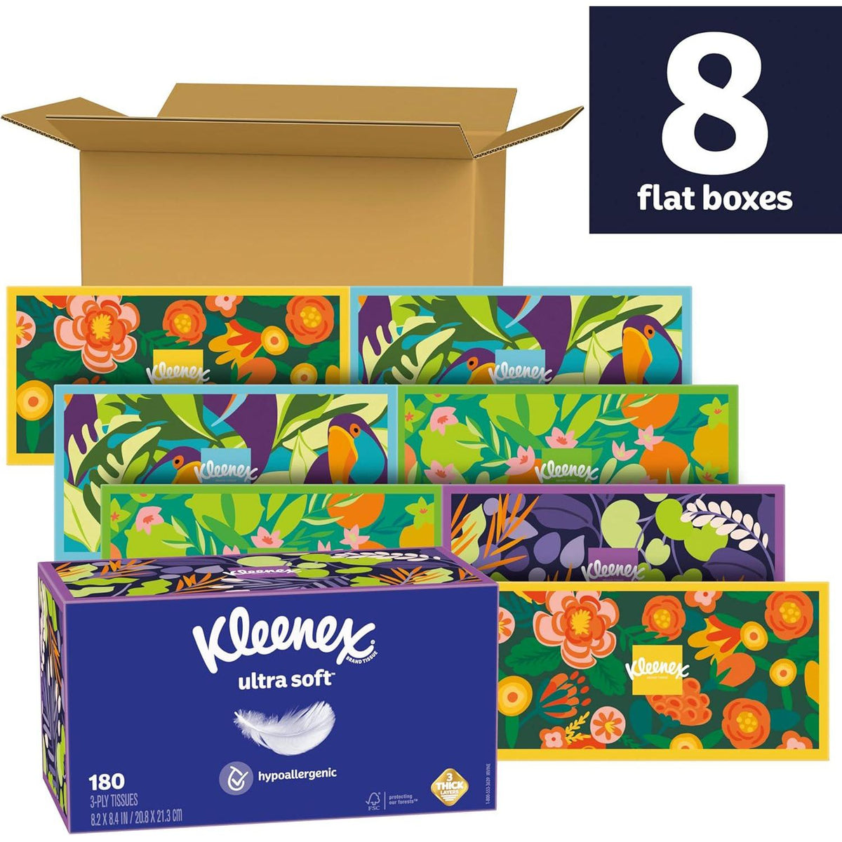 Kleenex Ultra Soft Facial Tissues, 8 Flat Boxes, 180 Tissues per Box, 3-Ply (Packaging May Vary)