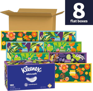 Kleenex Ultra Soft Facial Tissues, 8 Flat Boxes, 180 Tissues per Box, 3-Ply (Packaging May Vary)