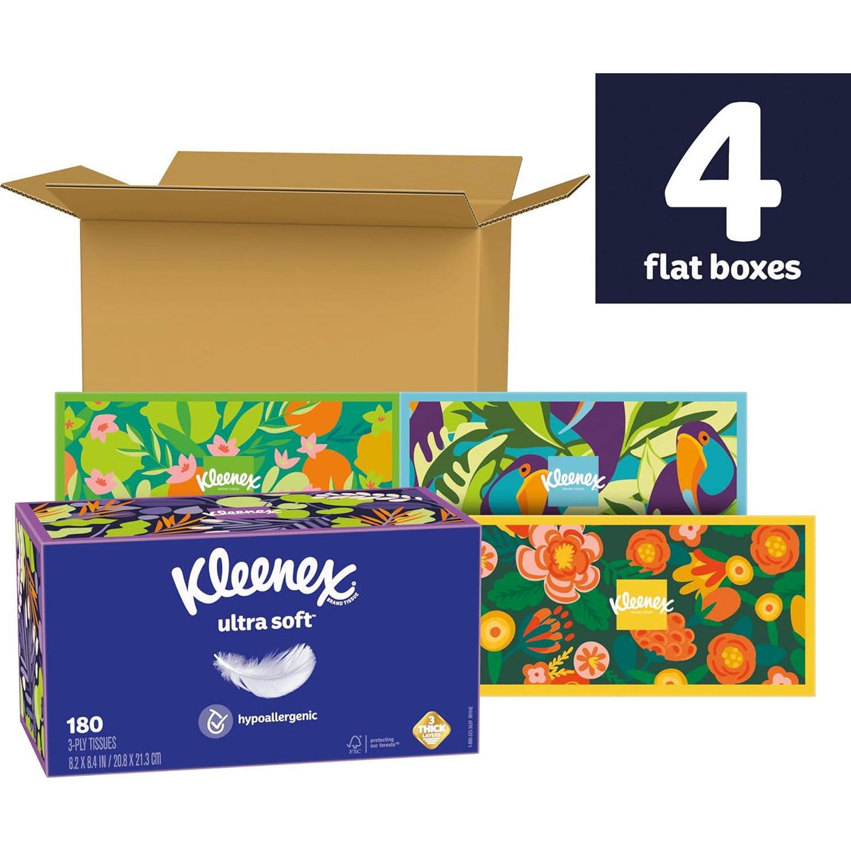 Kleenex Kleenex Ultra Soft Facial Tissues, 4 Flat Boxes, 180 Tissues Per Box, 3-Ply, Packaging May Vary