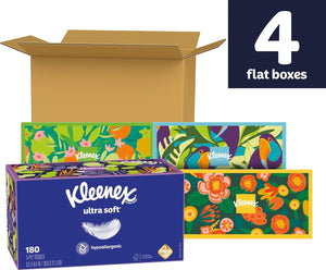 Kleenex Kleenex Ultra Soft Facial Tissues, 4 Flat Boxes, 180 Tissues Per Box, 3-Ply, Packaging May Vary
