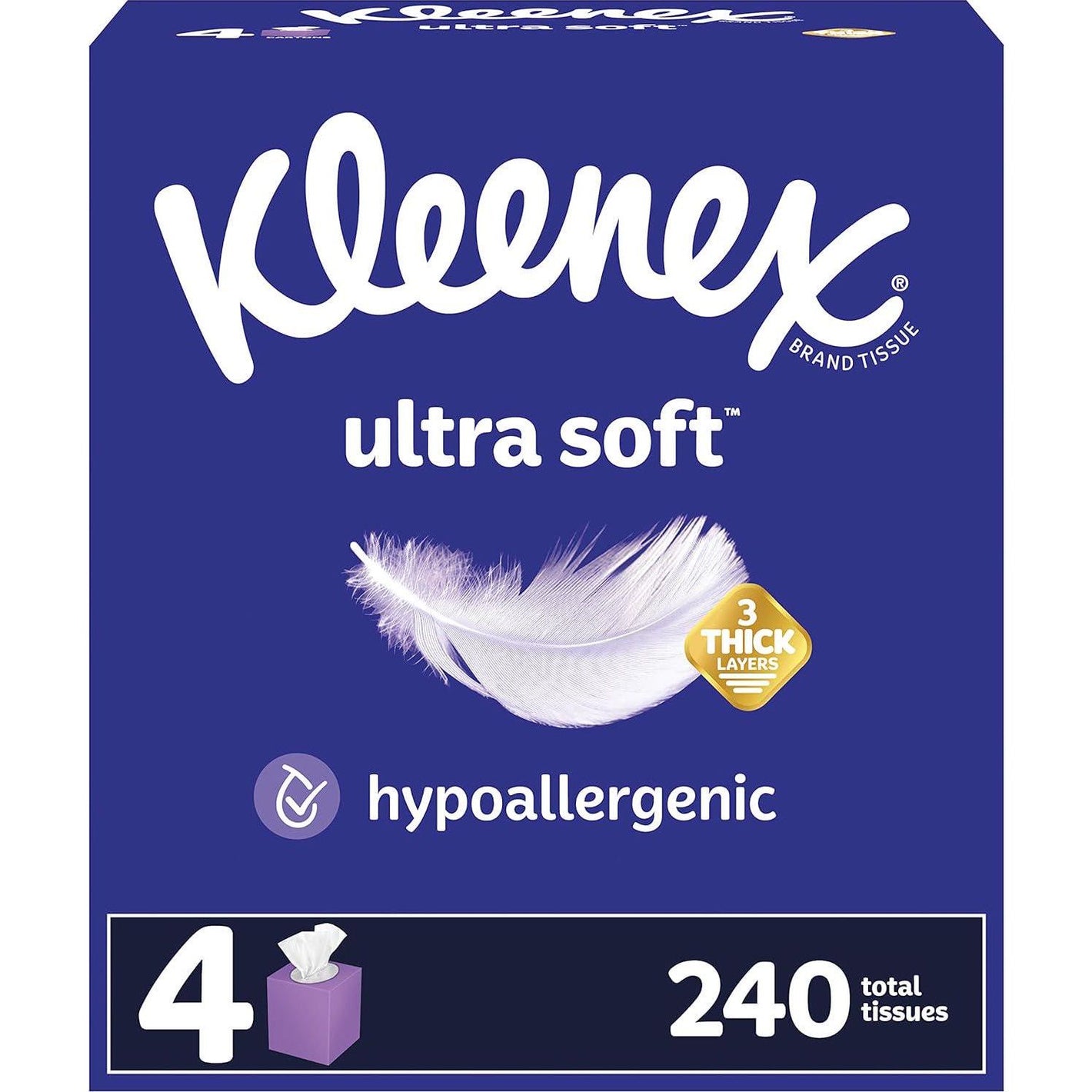Kleenex Kleenex Ultra Soft Facial Tissues, 4 Cube Boxes, 60 Tissues Per Box, 3-Ply (240 Total Tissues), Packaging May Vary