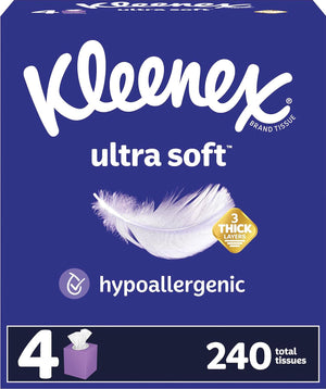 Kleenex Kleenex Ultra Soft Facial Tissues, 4 Cube Boxes, 60 Tissues Per Box, 3-Ply (240 Total Tissues), Packaging May Vary