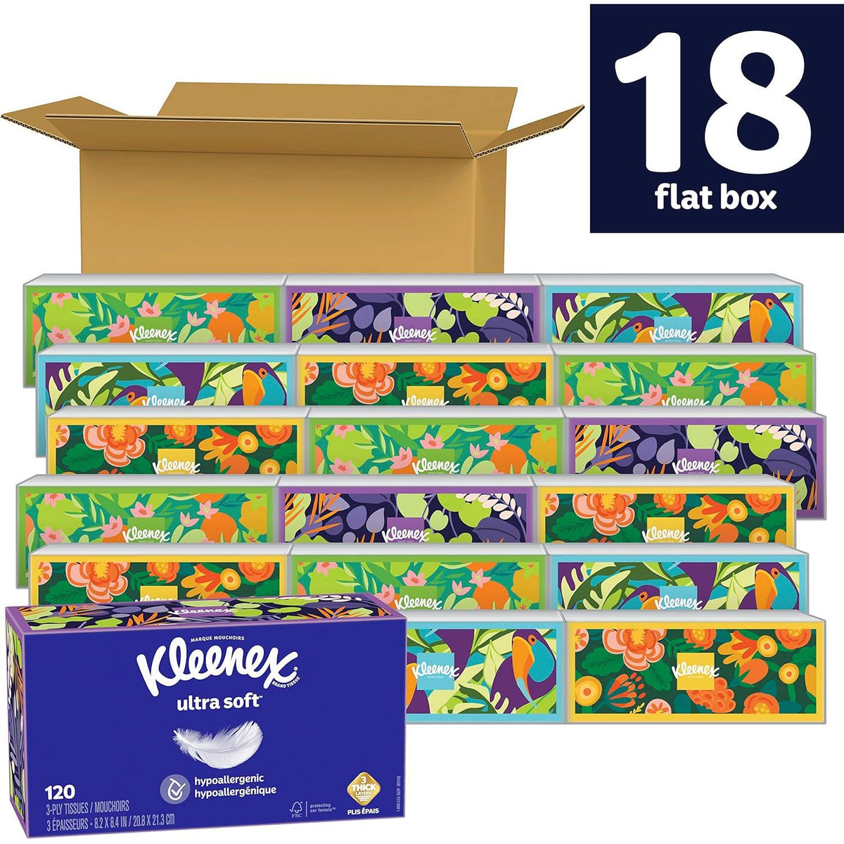 Kleenex Ultra Soft Facial Tissues, 18 Flat Boxes, 3-Ply, 120 Tissues per Box, 2,160 Total Tissues