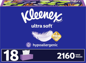 Kleenex Ultra Soft Facial Tissues, 18 Flat Boxes, 3-Ply, 120 Tissues per Box, 2,160 Total Tissues