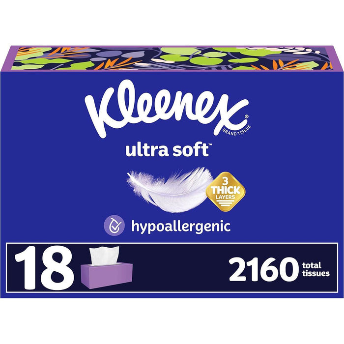 Kleenex Ultra Soft Facial Tissues, 18 Flat Boxes, 3-Ply, 120 Tissues per Box, 2,160 Total Tissues