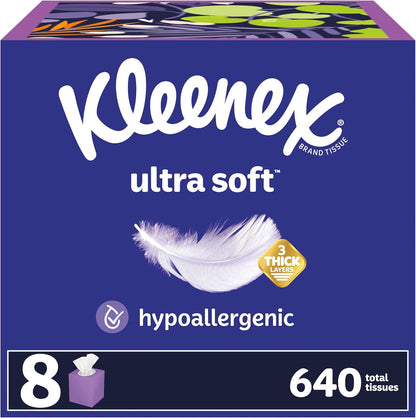Kleenex Kleenex Ultra Soft Facial Tissues, 8 Cube Boxes, 80 Tissues Per Box, 3-Ply, Packaging May Vary