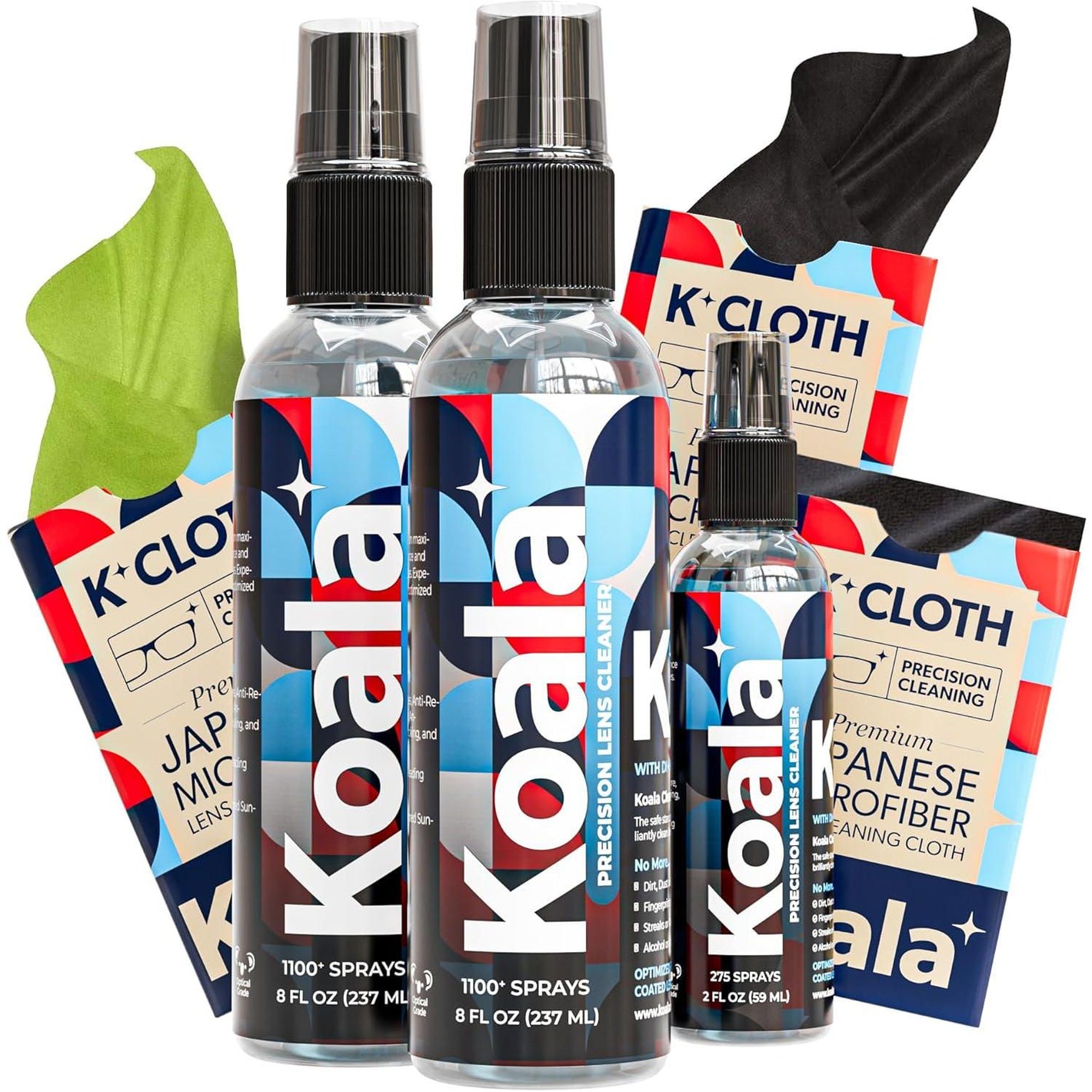 Koala Eyeglass Lens Cleaner Spray Kit, 2x 8oz & 1x 2oz Bottles, 3x Microfiber Cloths, Alcohol-Free, Eyeglass, Screen & Camera Cleaner, 6-Piece Set