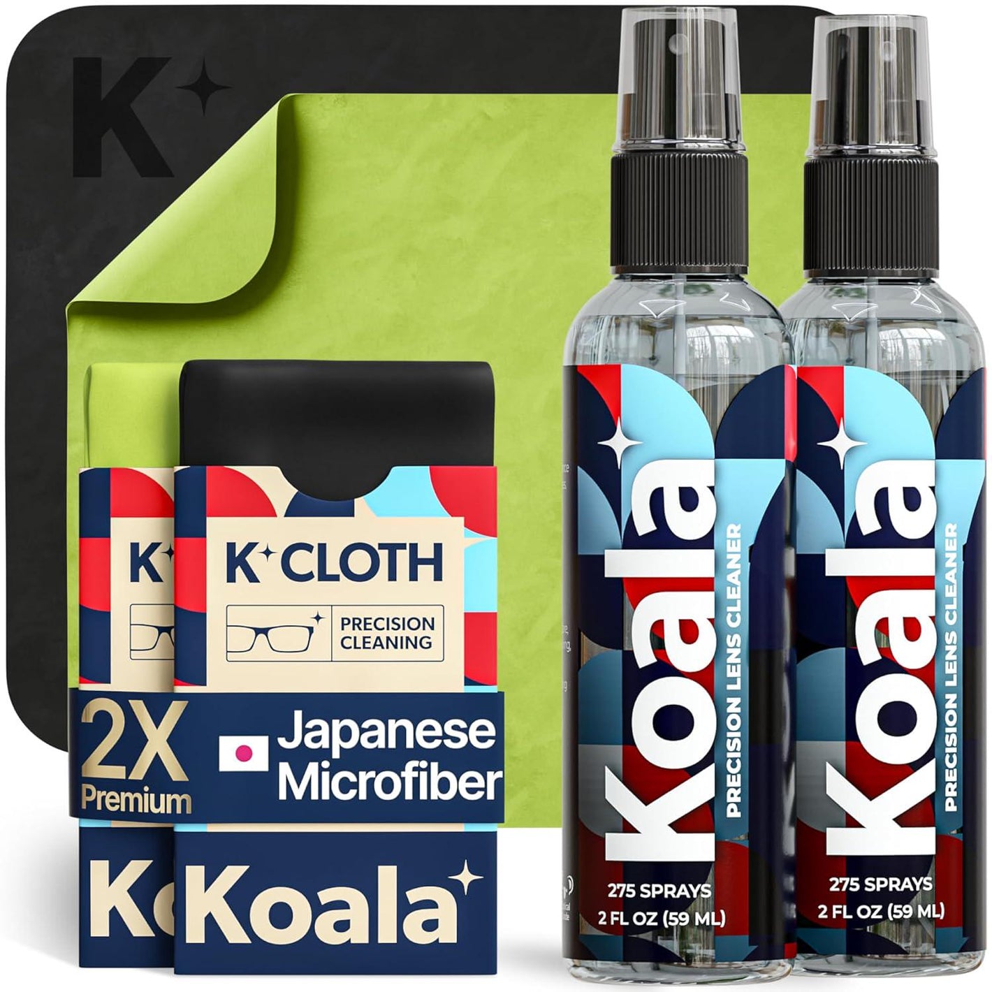 Koala Eyeglass Lens Cleaner Spray Kit, 2x Cleaner Bottles, 2x Microfiber Cloths, Alcohol-Free, Eyeglass & Screen Cleaning, Made in USA, 4-Piece Set
