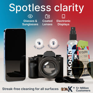 Koala Eyeglass Lens Cleaner Spray Kit, 1x Cleaner Bottle & 1x Microfiber Cloth, Alcohol-Free, Made in USA