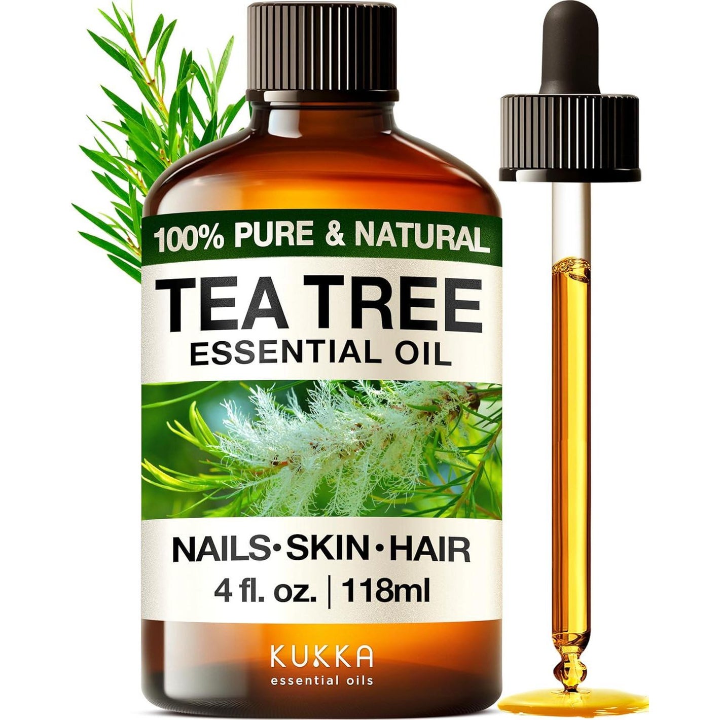 KUKKA essential oils Kukka Tea Tree Oil For Skin, Hair And Toenails - 4 Fl Oz - 100% Pure Natural Tea Tree Essential Oil Made From Australian Melaleuca For Potency - Used In General Wellness, Aromatherapy And DIY Soap Making