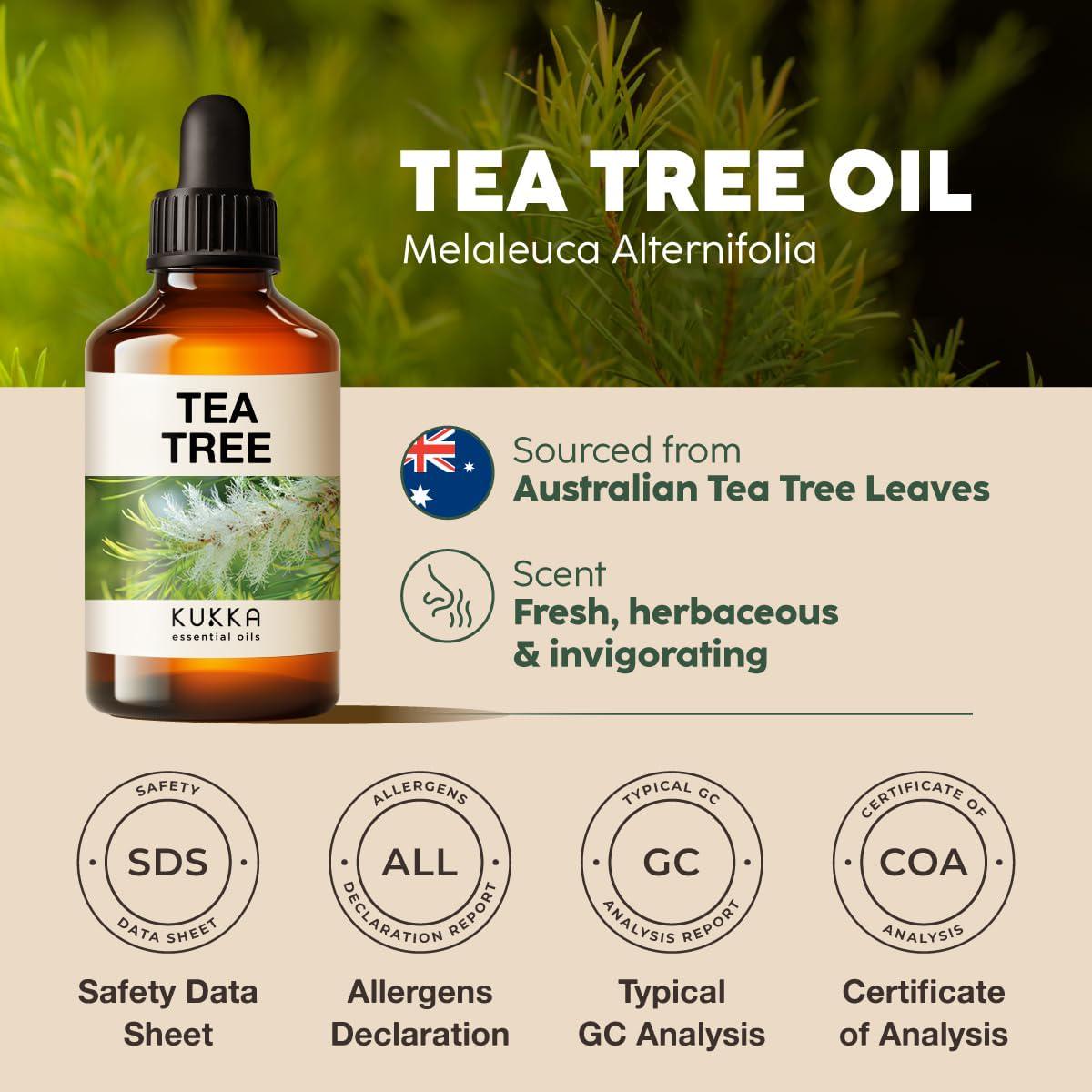 KUKKA essential oils Kukka Tea Tree Oil For Skin, Hair And Toenails - 4 Fl Oz - 100% Pure Natural Tea Tree Essential Oil Made From Australian Melaleuca For Potency - Used In General Wellness, Aromatherapy And DIY Soap Making