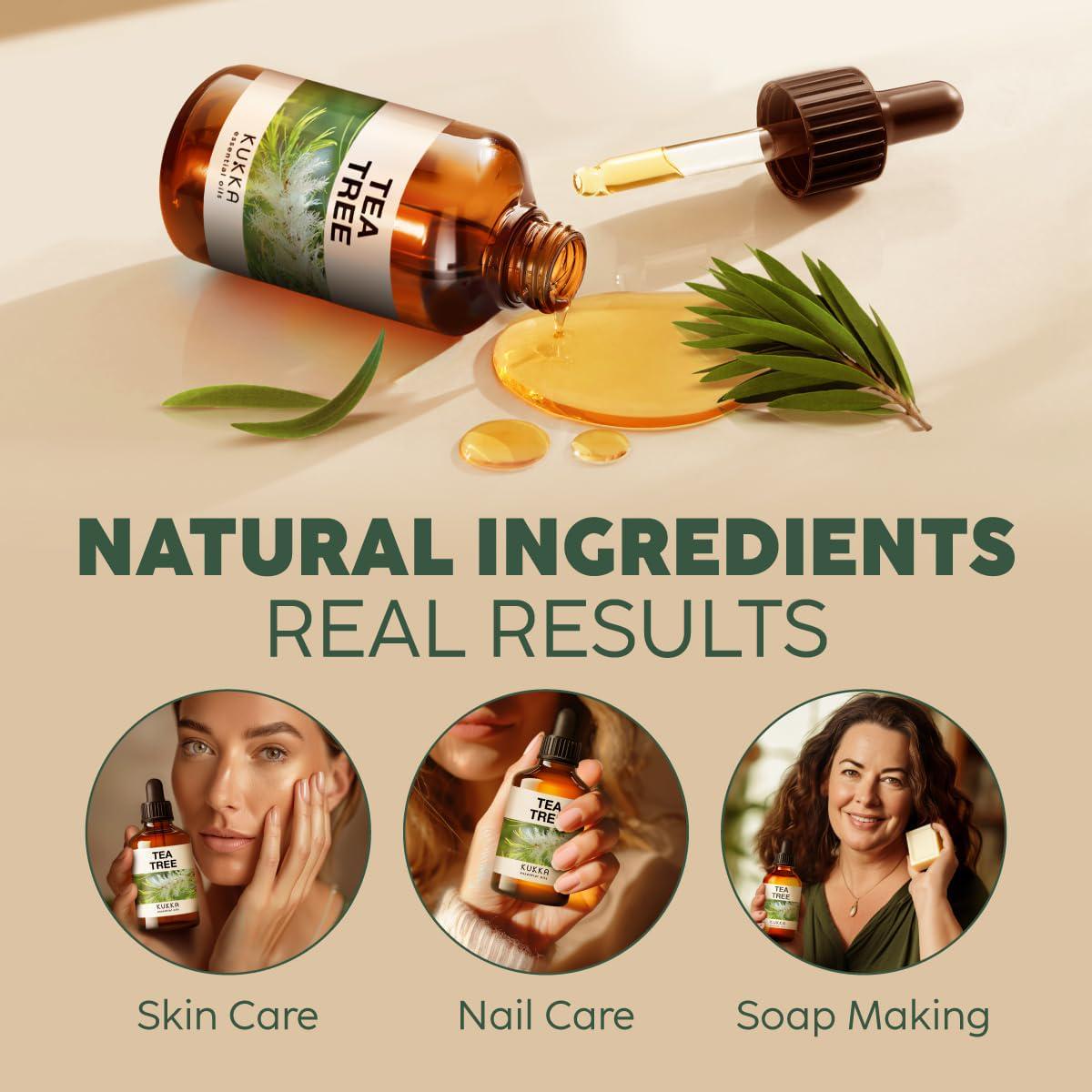 KUKKA essential oils Kukka Tea Tree Oil For Skin, Hair And Toenails - 4 Fl Oz - 100% Pure Natural Tea Tree Essential Oil Made From Australian Melaleuca For Potency - Used In General Wellness, Aromatherapy And DIY Soap Making