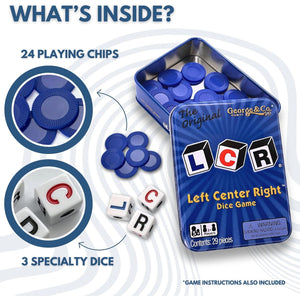 LCR Left Center Right Dice Game Blue Tin Fun Travel Sized Game for All Ages