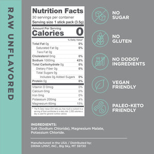 Drink LMNT Zero Sugar Electrolytes, Raw Unflavored Salt Drink Mix, 30 Count