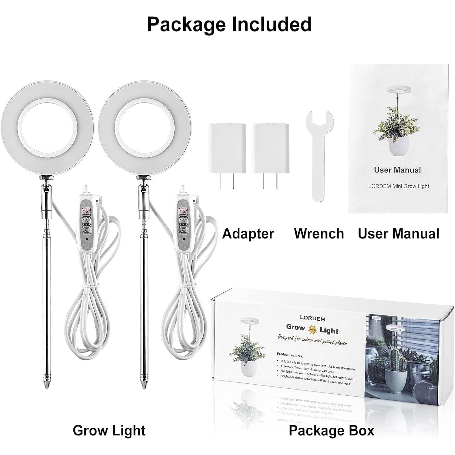 LORDEM Grow Light, Full Spectrum LED Plant Light For Indoor Plants, Height Adjustable Growing Lamp With Auto On/Off Timer 4/8/12H, 4 Dimmable Brightness, Ideal For Small Plants, 2 Packs,