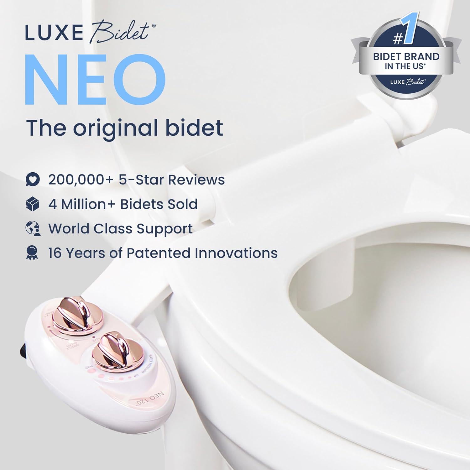 LUXE Bidet NEO 120 - Self-Cleaning Nozzle, Fresh Water Non-Electric Bidet Attachment For Toilet Seat, Adjustable Water Pressure, Rear Wash (Rose Gold),859216005497