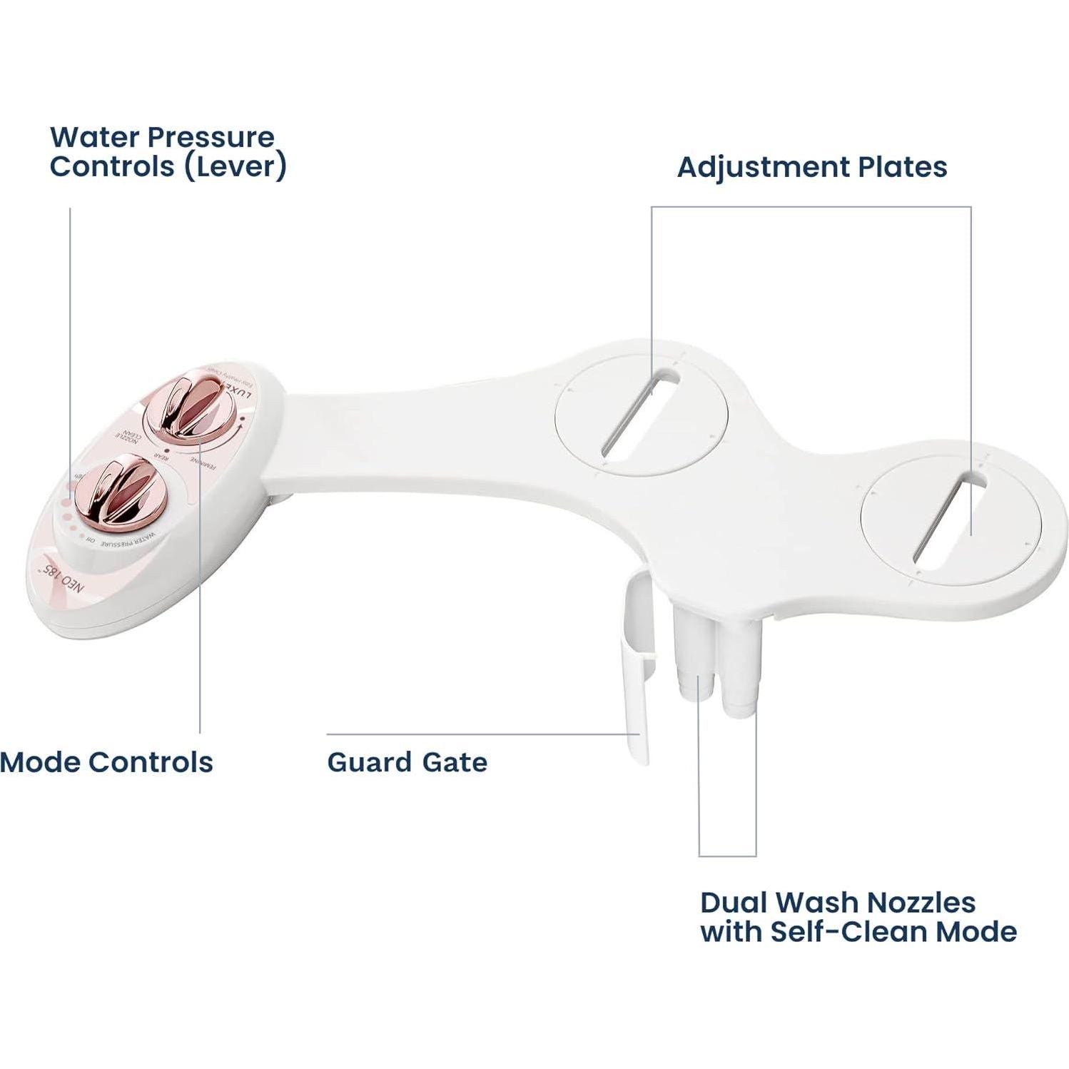LUXE Bidet NEO 185 - Self-Cleaning, Dual Nozzle, Non-Electric Bidet Attachment For Toilet Seat, Adjustable Water Pressure, Rear And Feminine Wash (Rose Gold),