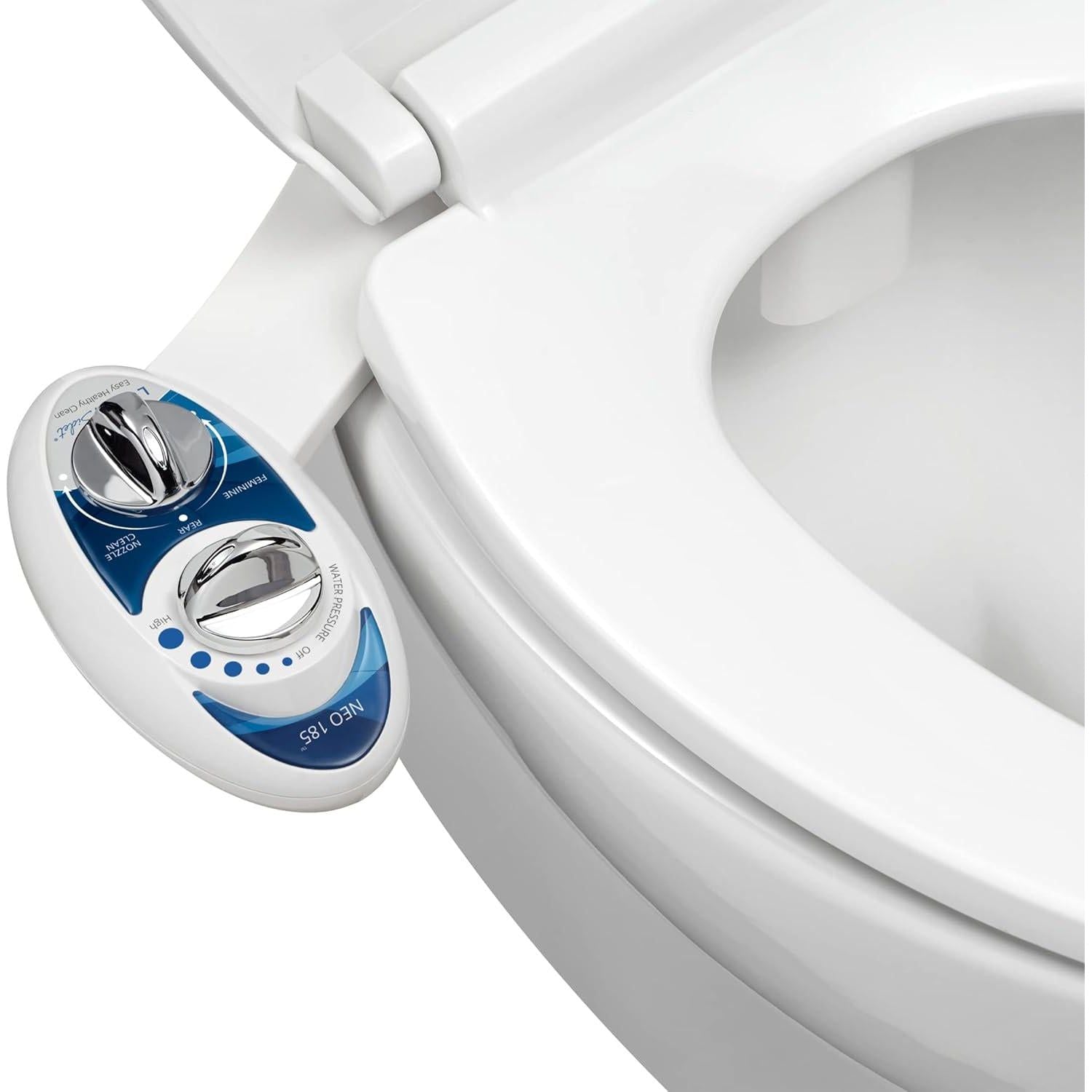 LUXE Bidet NEO 185 - Self-Cleaning, Dual Nozzle, Non-Electric Bidet Attachment For Toilet Seat, Adjustable Water Pressure, Rear And Feminine Wash (Blue),