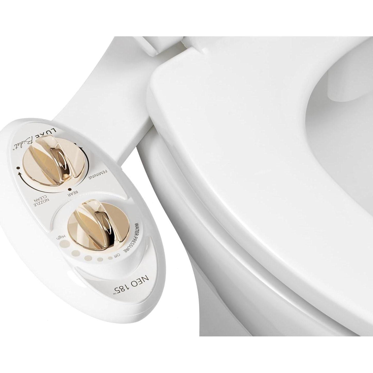 LUXE Bidet NEO 185 - Self-Cleaning, Dual Nozzle, Non-Electric Bidet Attachment For Toilet Seat, Adjustable Water Pressure, Rear And Feminine Wash (Gold),