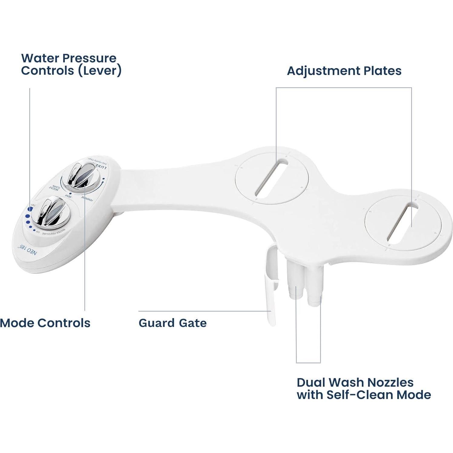LUXE Bidet NEO 185 - Self-Cleaning, Dual Nozzle, Non-Electric Bidet Attachment For Toilet Seat, Adjustable Water Pressure, Rear And Feminine Wash (White),