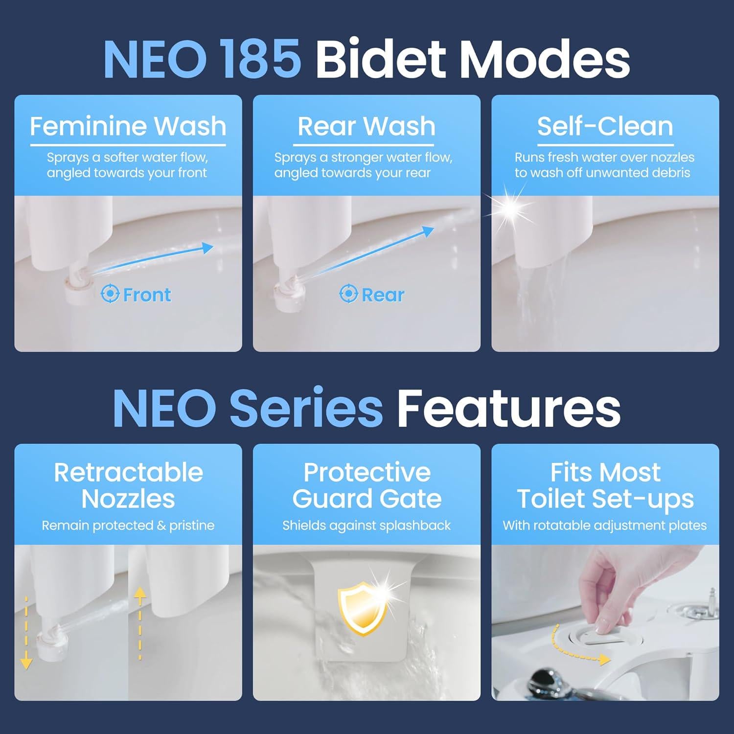 LUXE Bidet NEO 185 - Self-Cleaning, Dual Nozzle, Non-Electric Bidet Attachment For Toilet Seat, Adjustable Water Pressure, Rear And Feminine Wash (Gold),